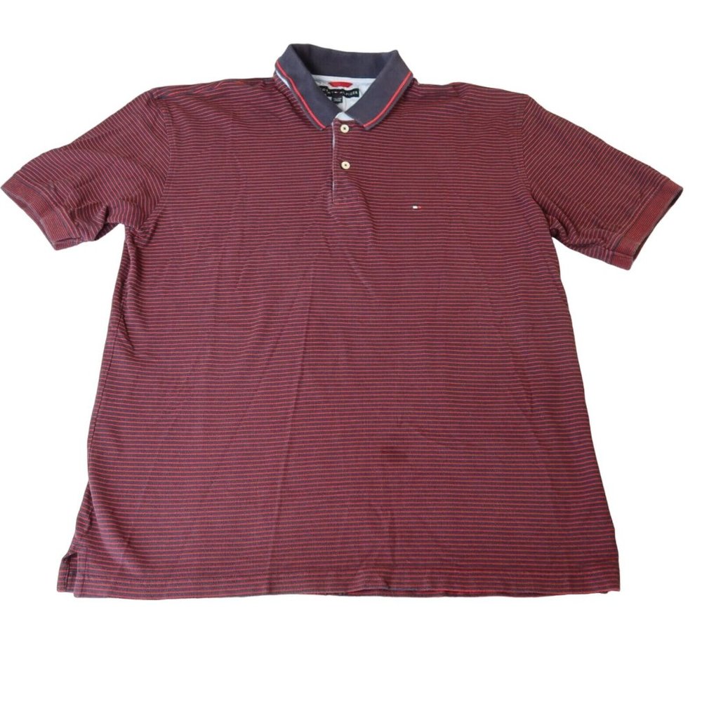 TOMMY HILFIGER Shirt Men's Short Sleeve Striped Collared Polo Blue 2XL